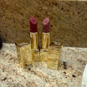 Estee Lauder Gold Lipstick Duo - Rich Red and Elegant Pink